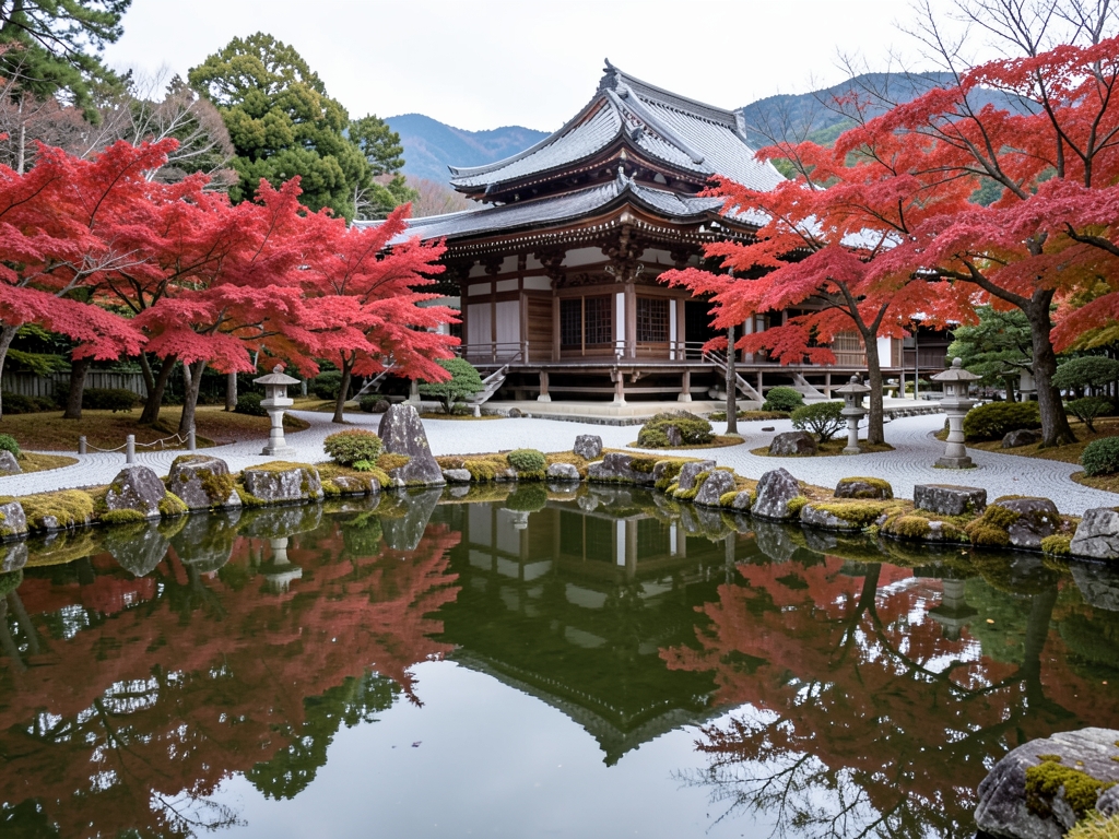 Kyoto temple garden with crimson maples reflected still