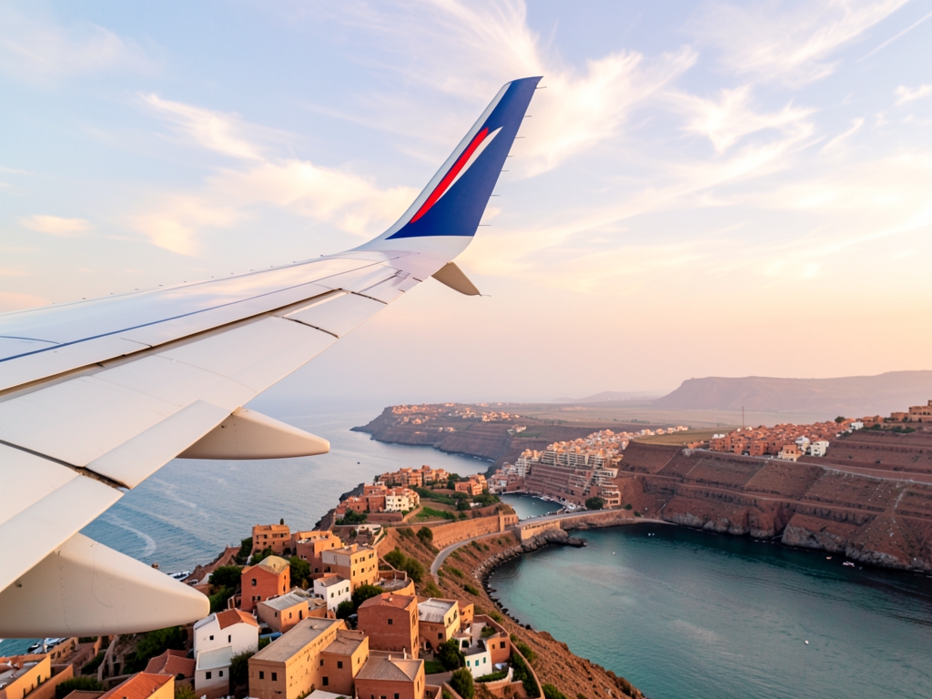 airplane wing above Moroccan coastline dawn soft clouds