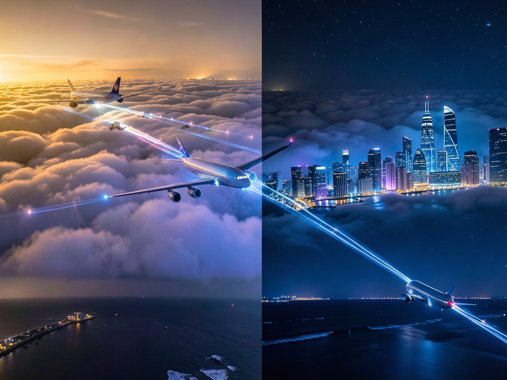 glowing nighttime route aircraft over clouds shifting from