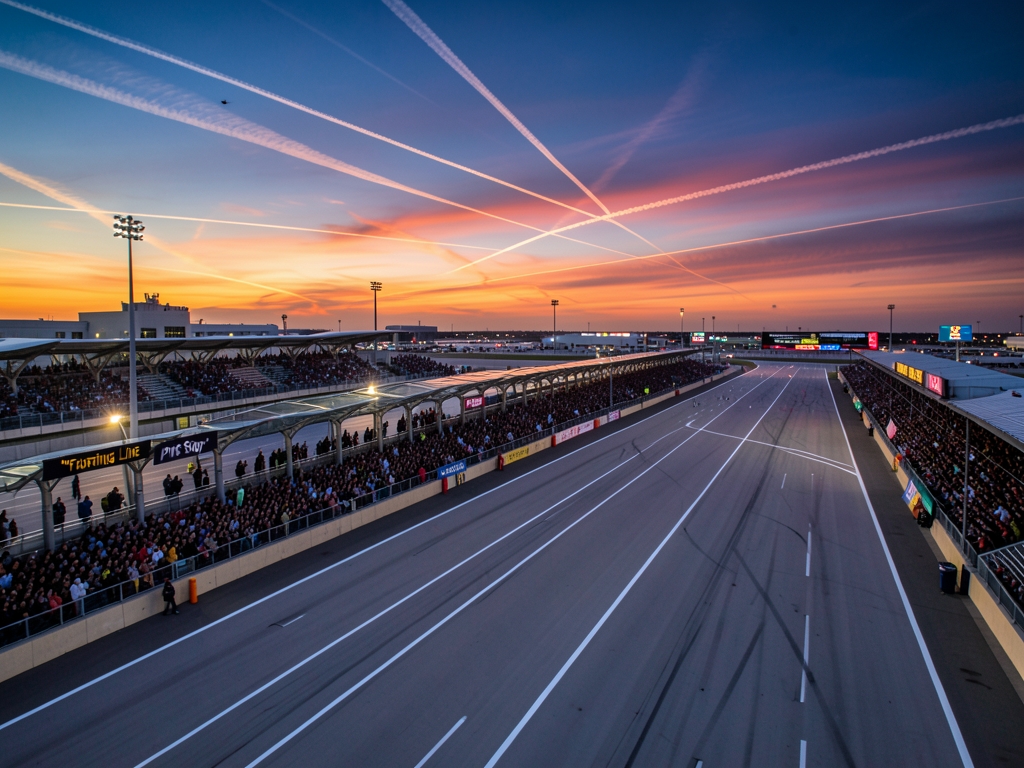 Wide aerial view racetrack beside airport contrails over