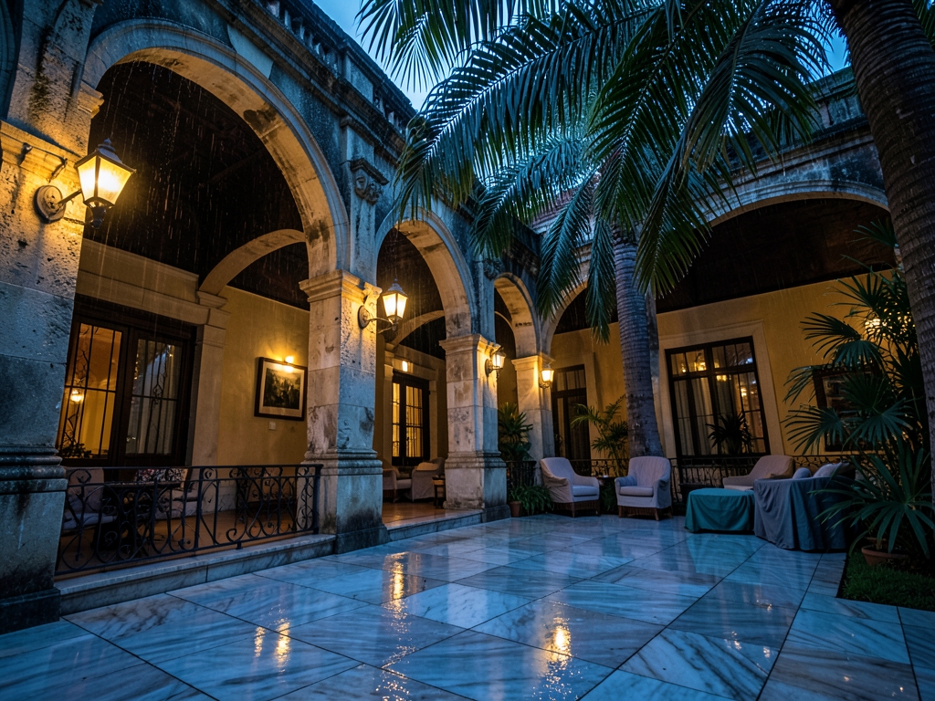 Rain soaked tropical courtyard dusk arched colonnades palm fronds