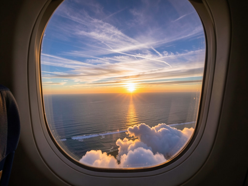 Dawn light over Atlantic from airplane window layered