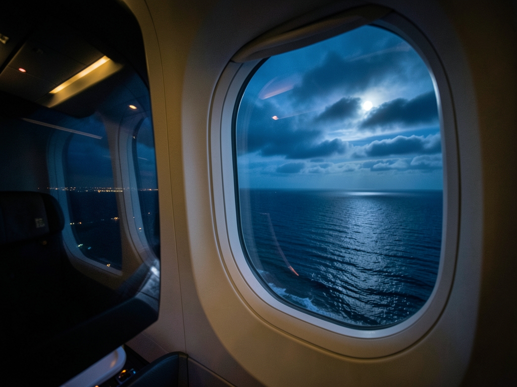 nighttime aircraft window reveals Atlantic below dark clouds