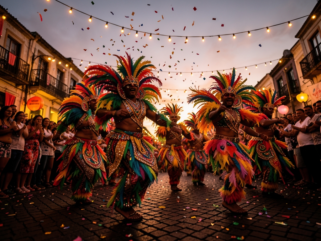 Vibrant Carnival street parade dusk colorful feathered costumes