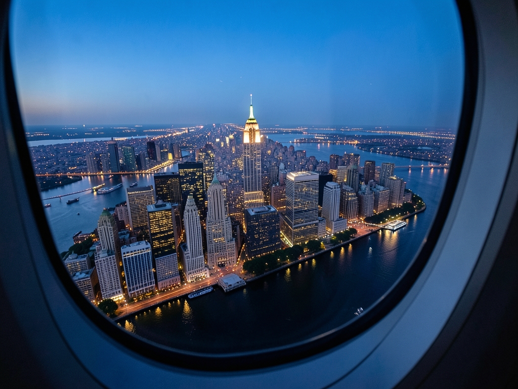 Manhattan skyline twilight seen from airplane window soft