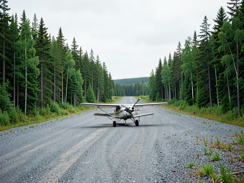 remote northern airstrip surrounded boreal forest under pale