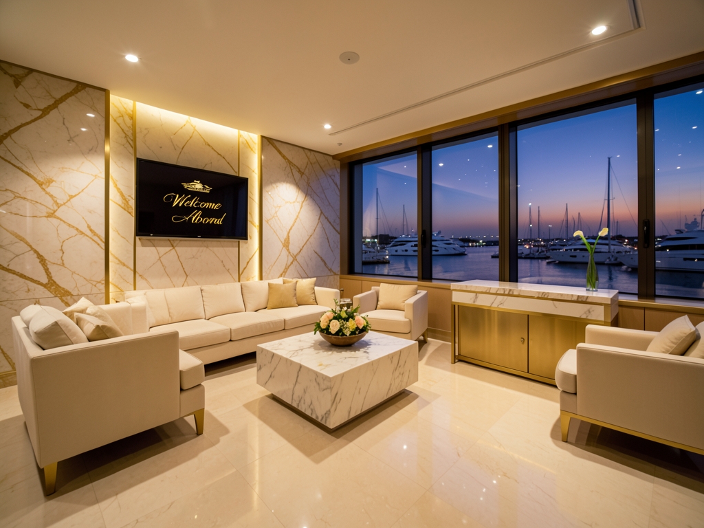 Elegant marble concierge lounge aboard superyacht floor to ceiling windows