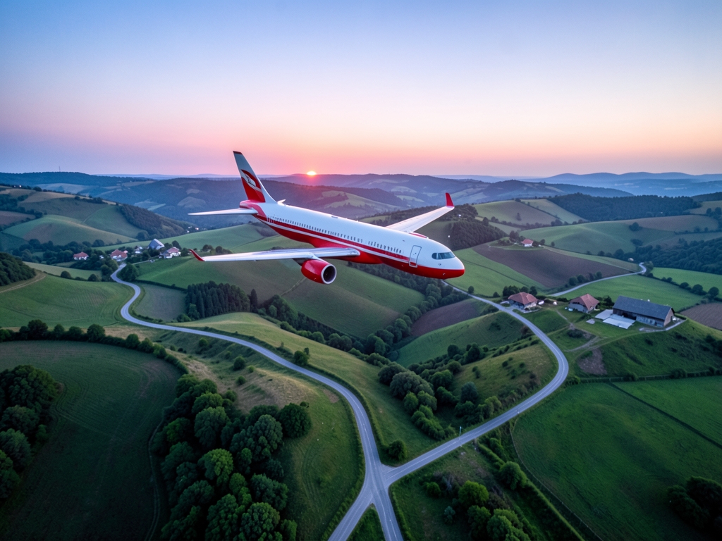 Aerial view red and white striped airliner descending over green