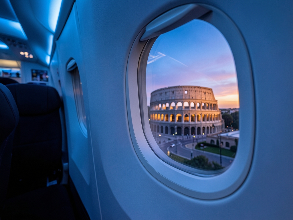 Wide airplane cabin window framing distant Colosseum dusk
