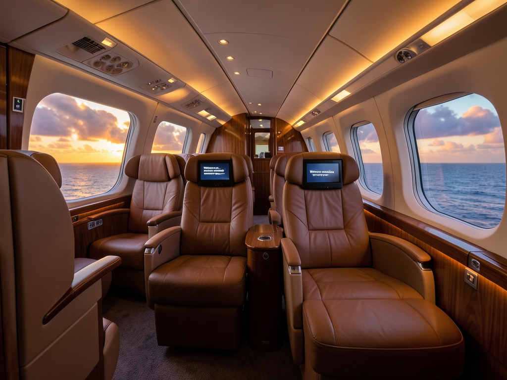 Wide body business class cabin dusk with lie flat seats