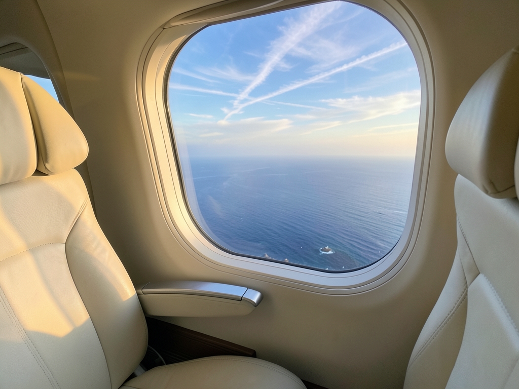 Serene Japanese coastline seen through aircraft window deep