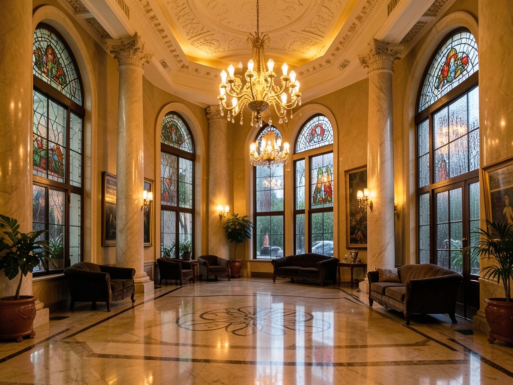 Grand historic hotel lobby with marble columns chandeliers