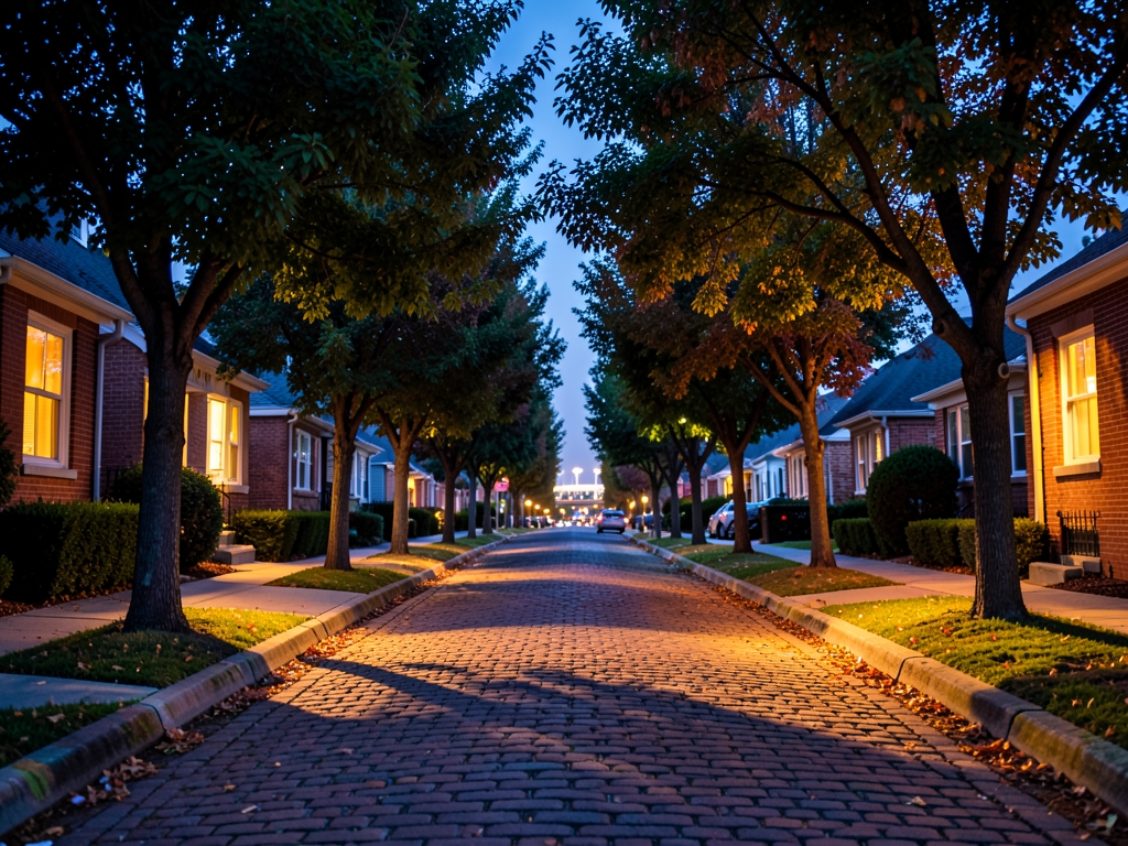 twilight view tree lined residential streets South Pasadena with
