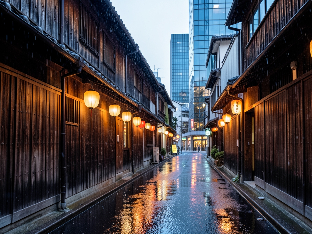 quiet Tokyo street dusk with pavement reflecting warm
