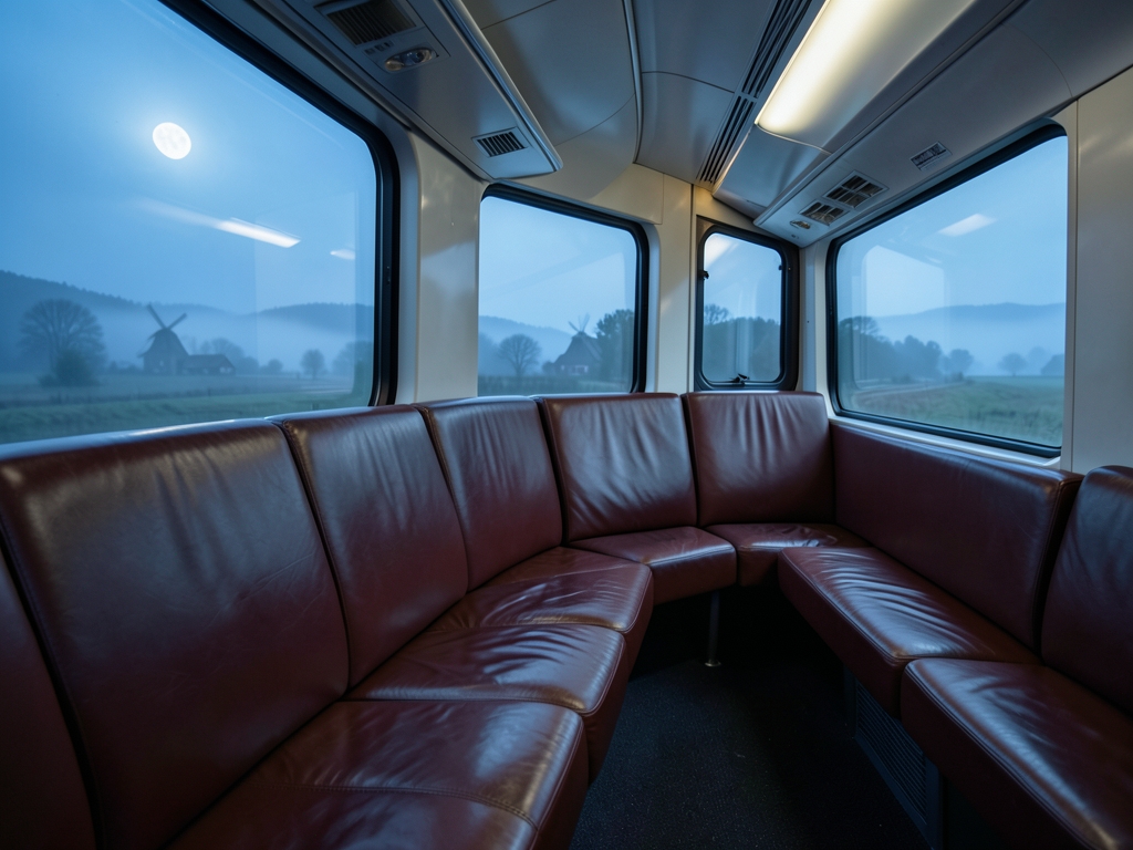 long empty leather seats inside sleek overnight train