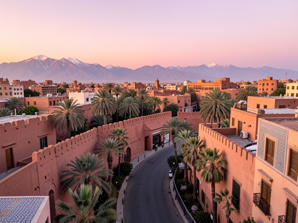Aerial view Marrakech dusk rose colored ramparts palm groves