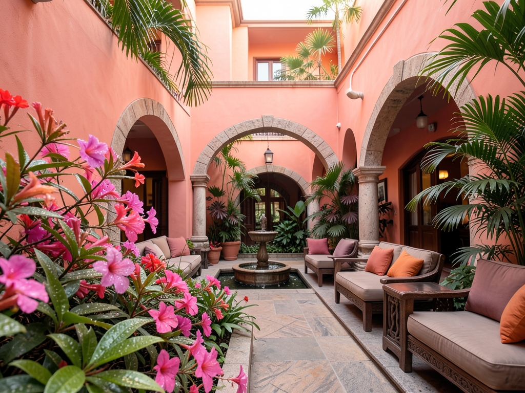 Coral pink hotel courtyard with tropical flowers arched walkways