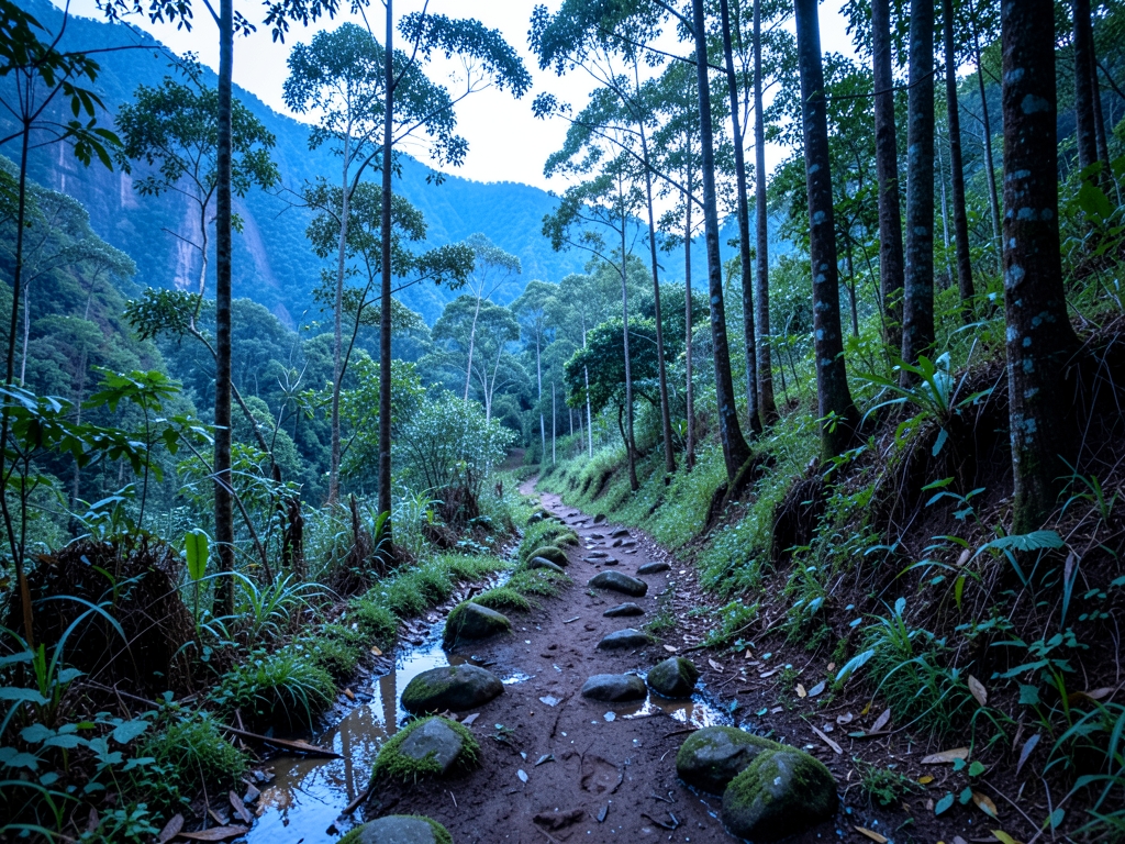 winding Rwandan forest trail beneath volcanic slopes damp