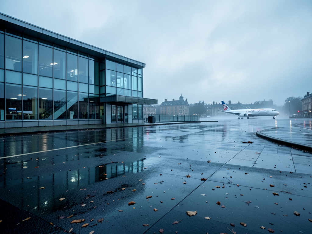 cool overcast Dublin cityscape with contemporary glass and steel airport