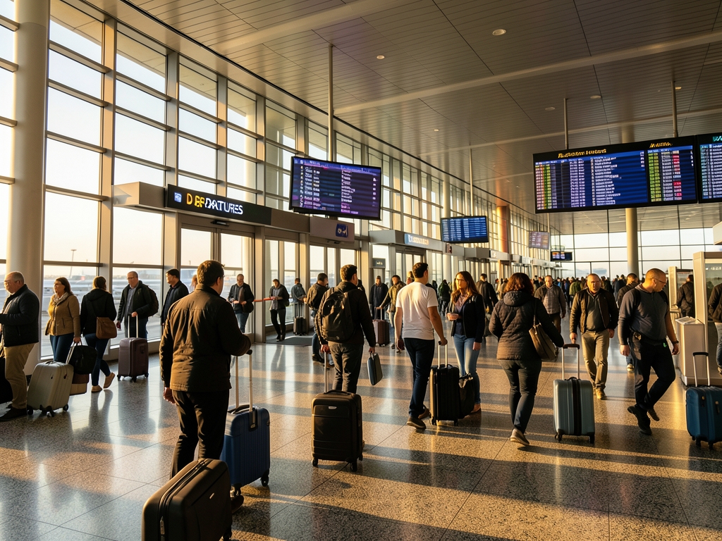 Late afternoon modern airport terminal with glass walls