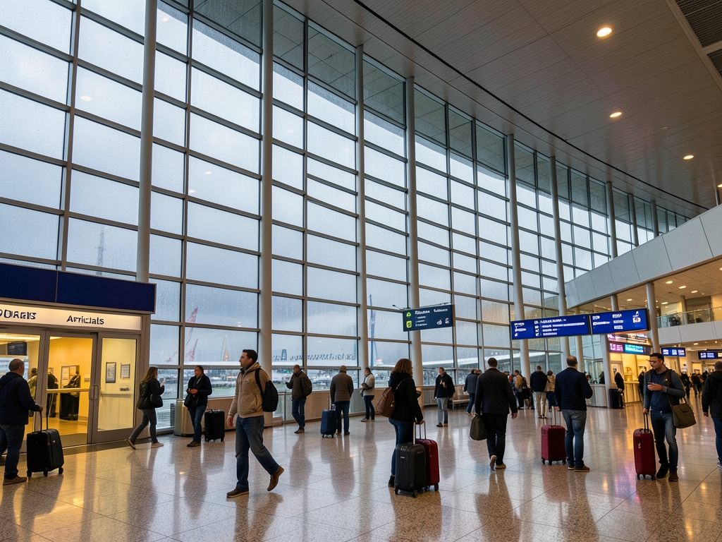 Dublin Airport arrival concourse rain speckled glass silver gray skies