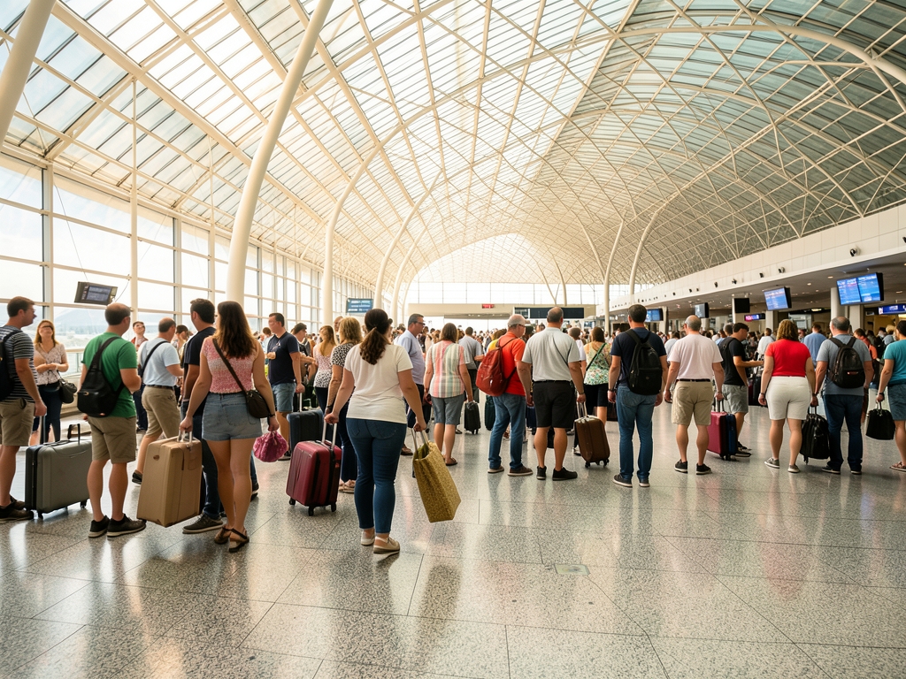 Wide view busy airport departure hall summer high