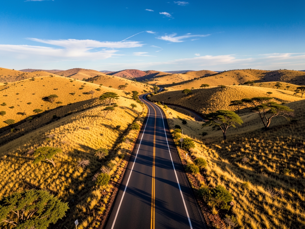 Aerial view winding road cutting through golden savanna