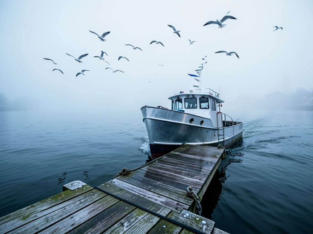 Small expedition boat departing Halifax harbor dawn damp