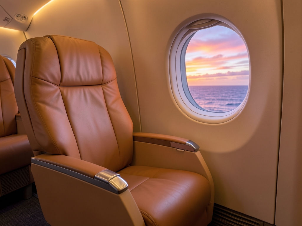 Quiet business class airplane cabin dusk wide reclining seat