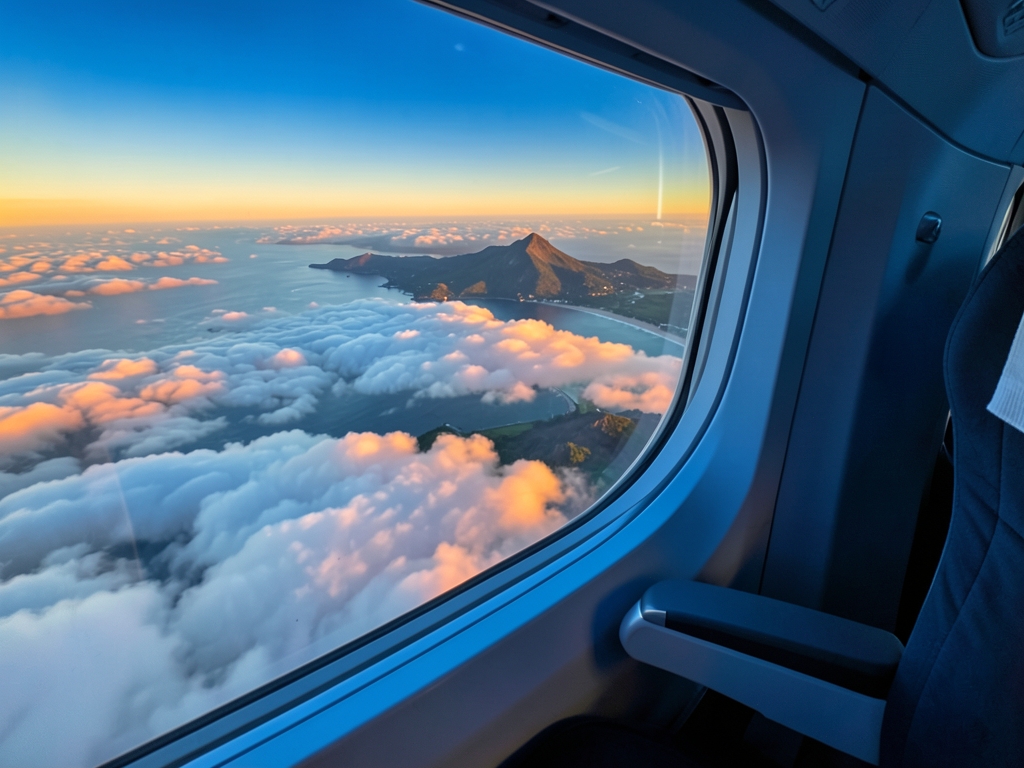 Airplane window view over layered Atlantic clouds sunrise