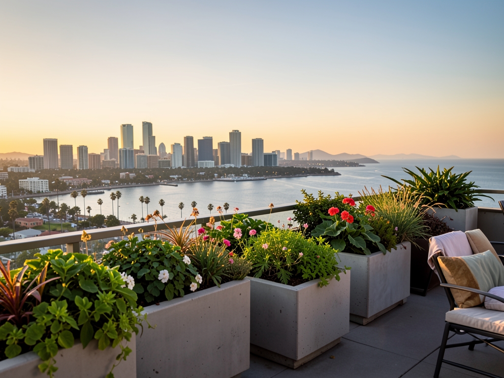 Warm weekend evening rooftop terrace overlooking Diego skyline