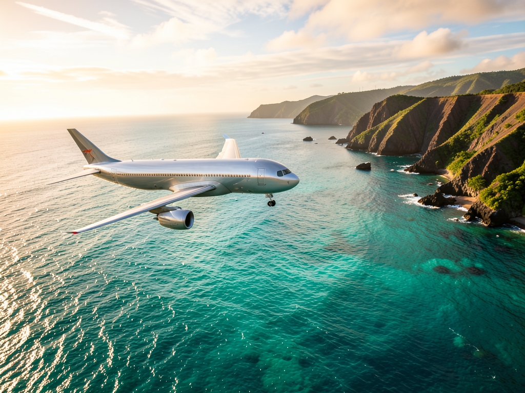 Aerial view sleek commercial aircraft gliding over turquoise