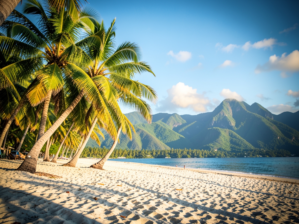 Sunlight filters through palm fronds onto sandy beach