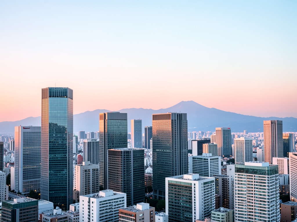 Tokyo skyline dawn with modern towers distant mountain