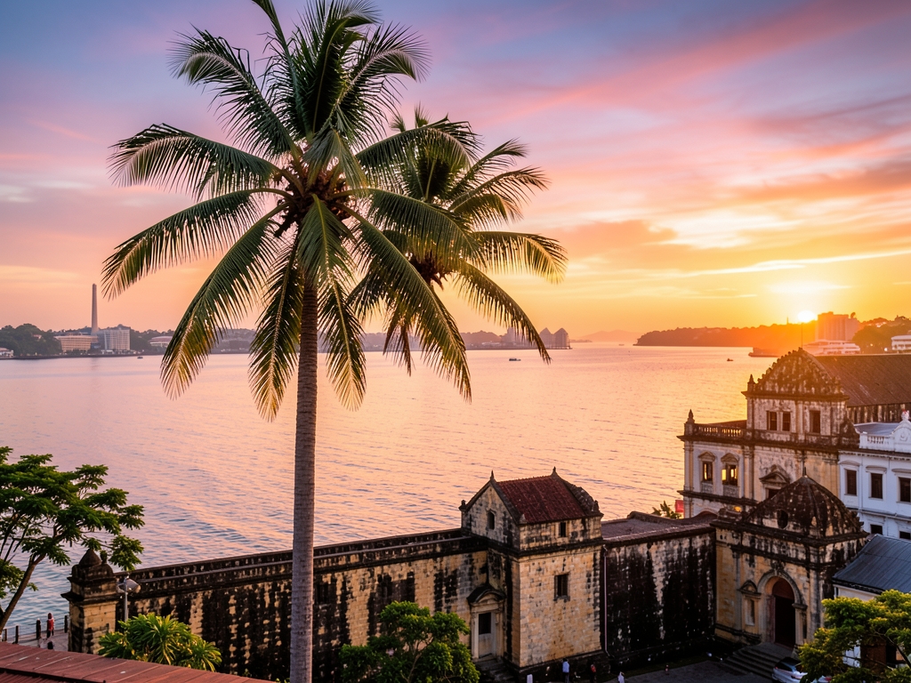 Warm sunset over Manila with palm trees historic