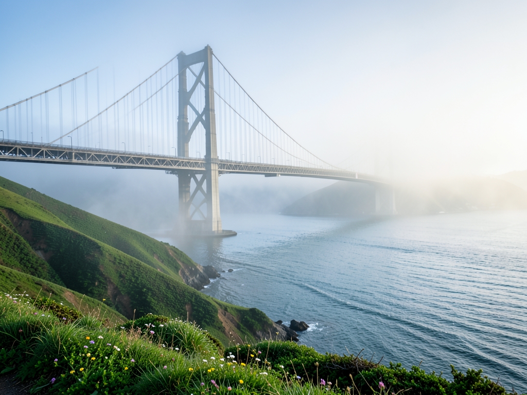Misty morning over Francisco with tall suspension bridge