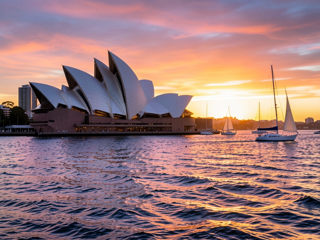 Sydney harbour golden dusk with shell shaped waterfront architecture