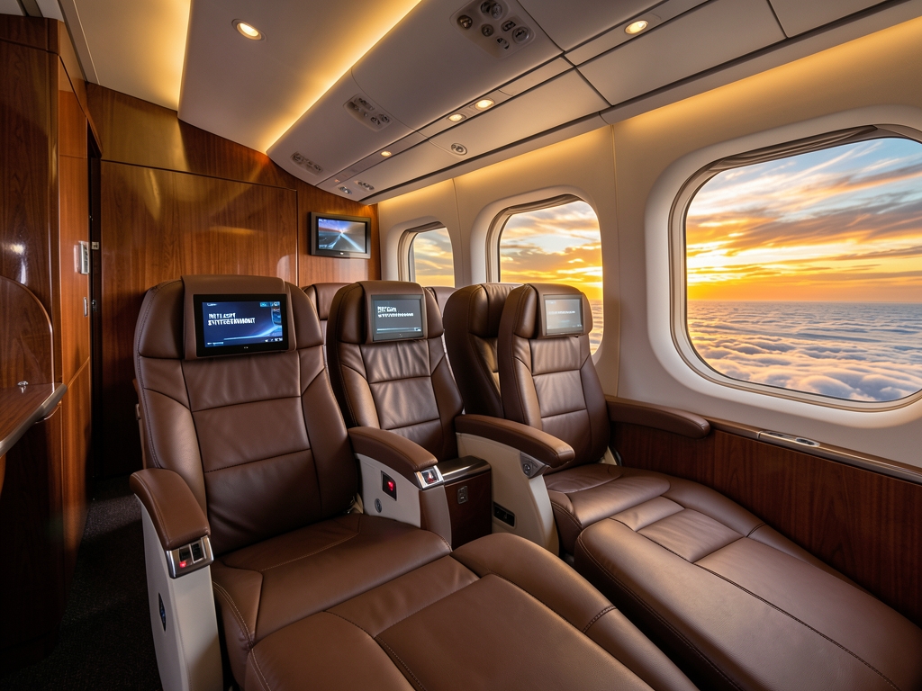 Spacious airplane business cabin interior with leather lie flat