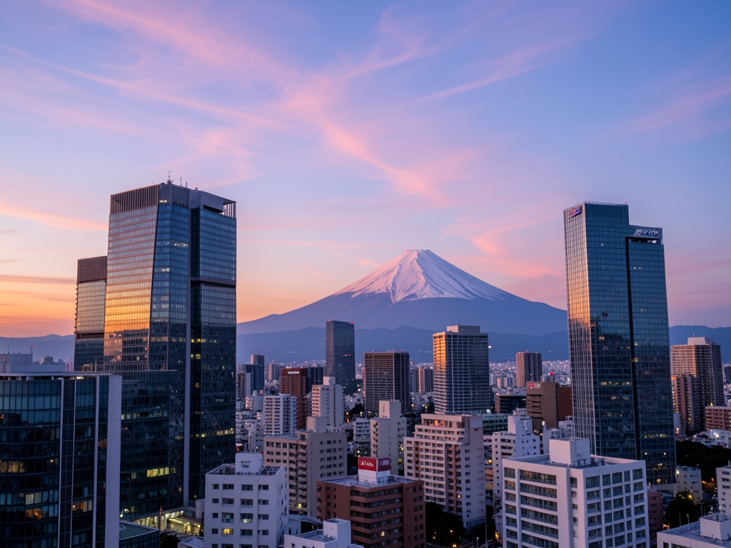 Tokyo skyline dusk with glass towers distant Mount