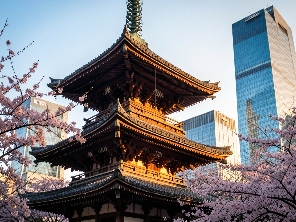 Tokyo temple pagoda with modern towers behind cherry