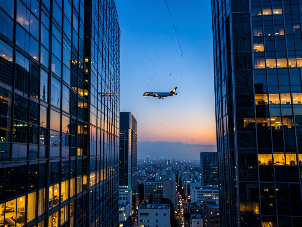 Tokyo dusk beyond reflective glass steel towers warm