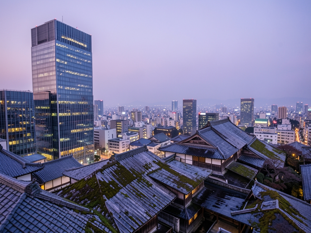 Twilight settling over sprawling Japanese metropolis where sleek