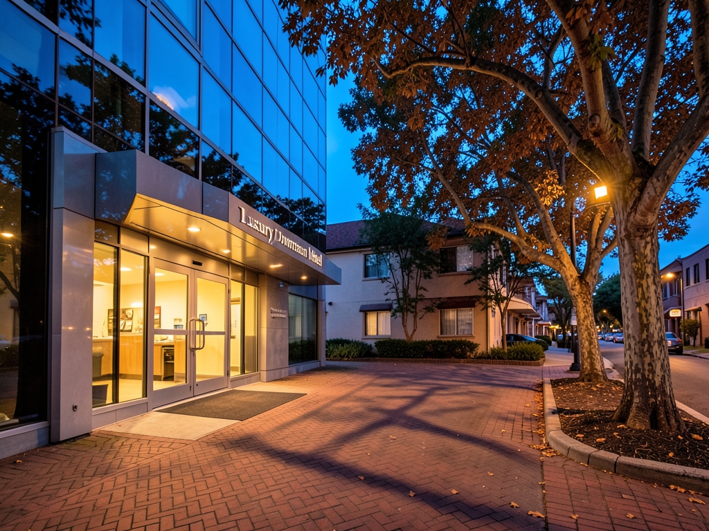 Downtown Jose blue hour sleek hotel entrance modest