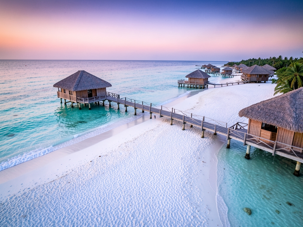 Aerial view white sand beach overwater bungalows dusk
