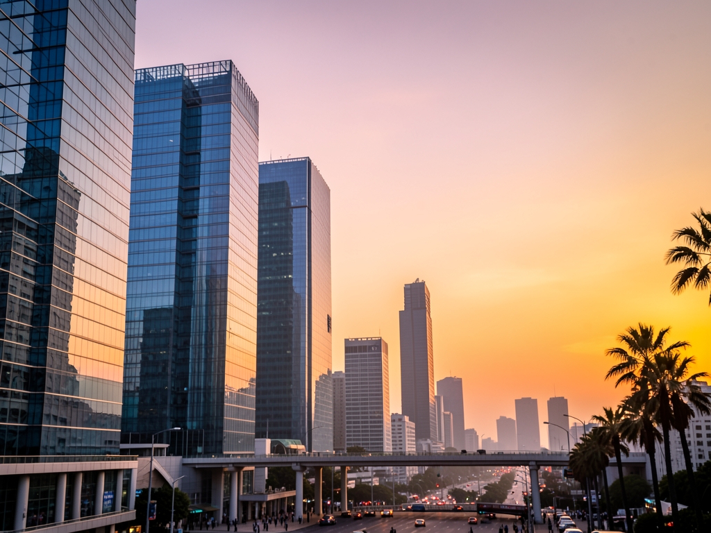 Vast modern glass structures rise against hazy urban