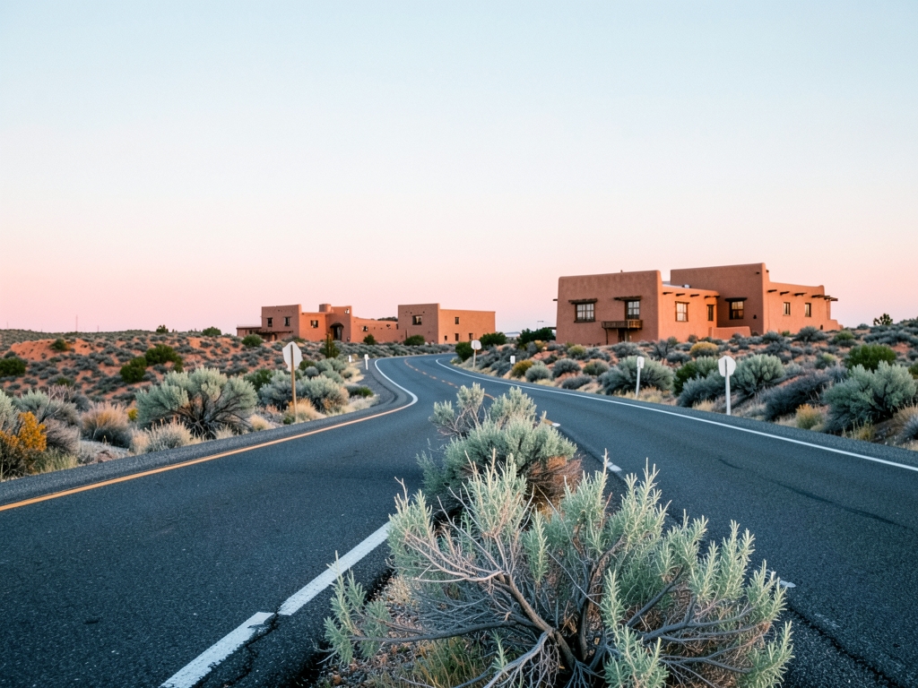 High desert highway dawn toward distant adobe Santa