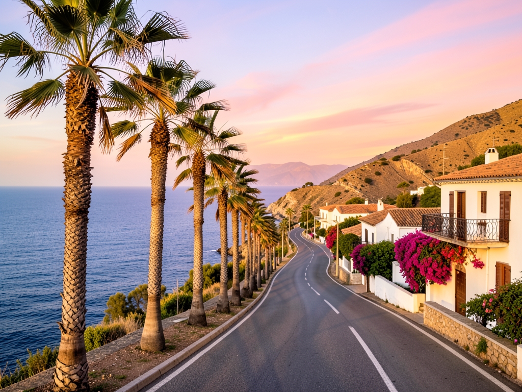 winding coastal road above Pacific with windblown palms