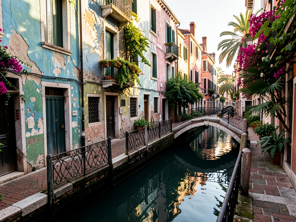 Venice canal district showcases weathered stucco architecture with