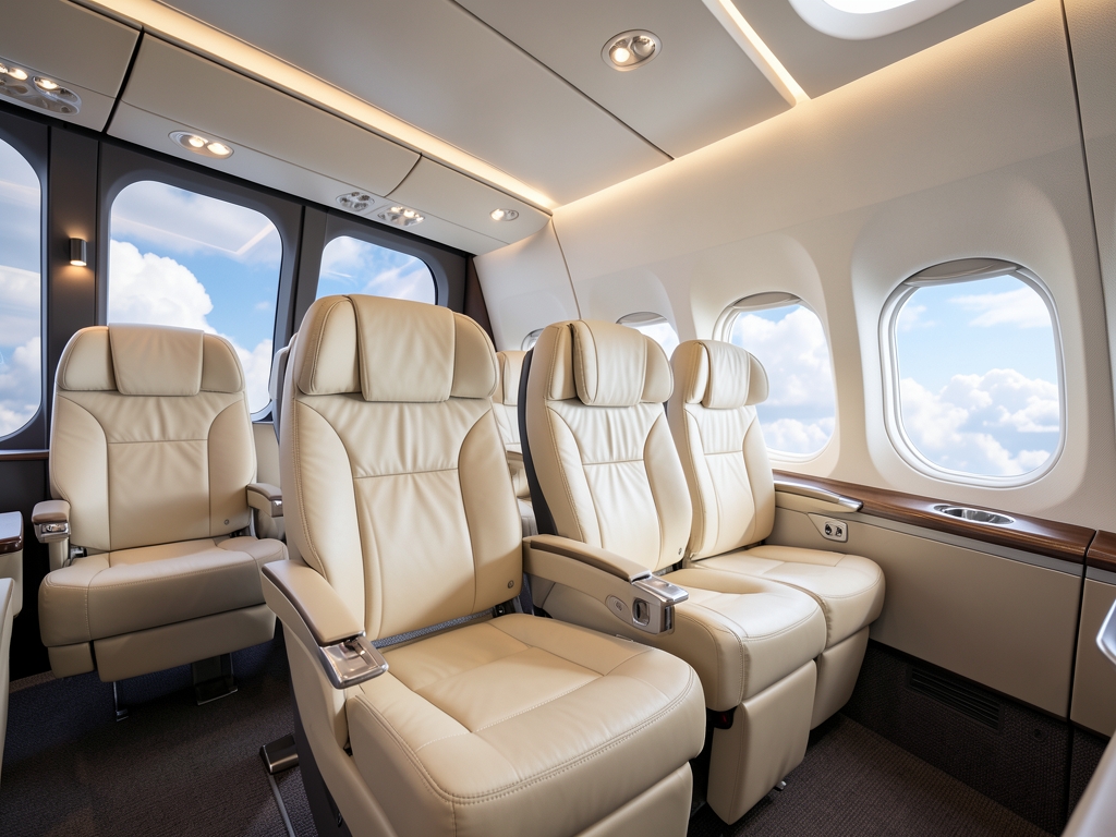 Wide view inside modern airplane cabin with spacious