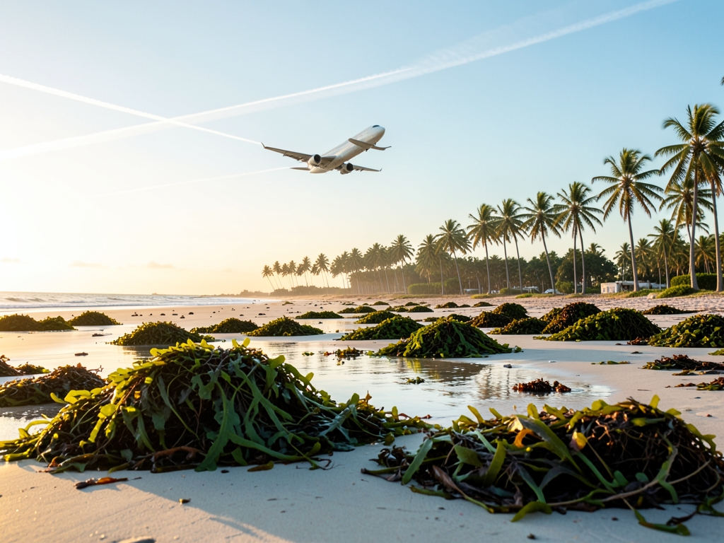 quiet beach dawn golden light piles sargassum seaweed